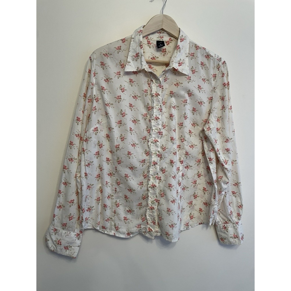 Gap Button Up Shirt Women Size XL White Pink Floral Ruffle 100% Cotton Light